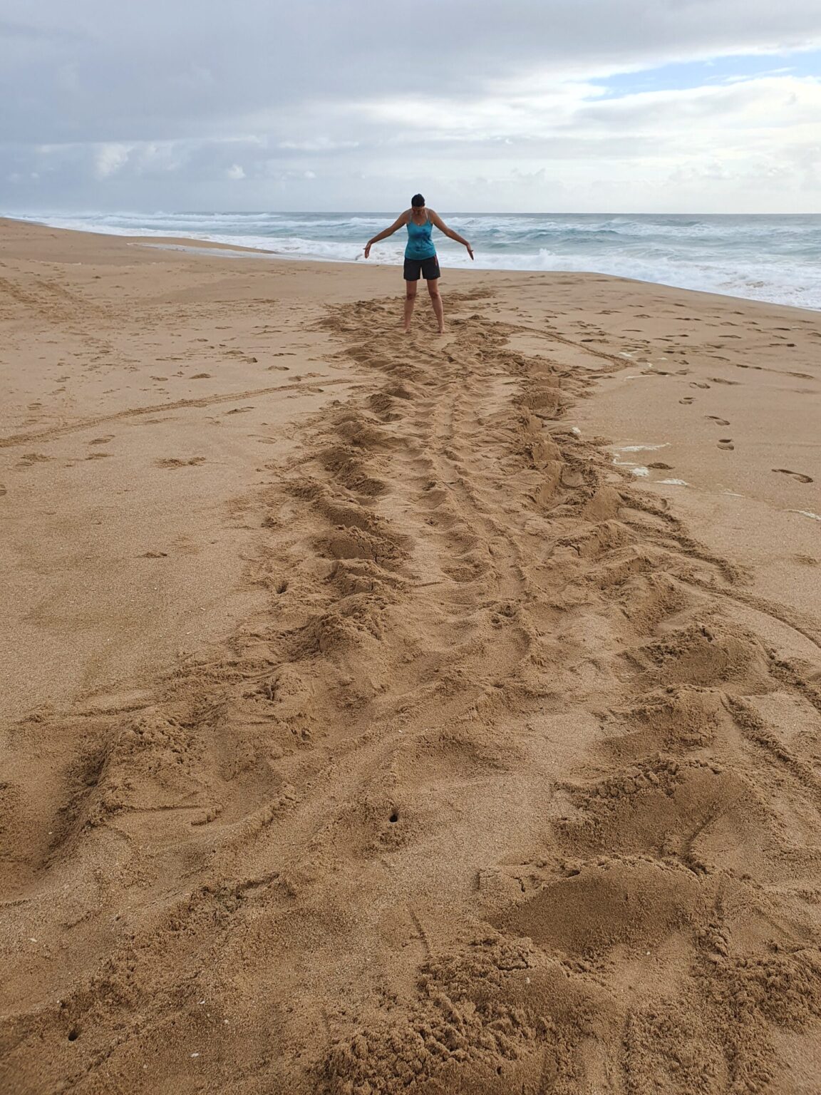 Person standing on beach with arms wide, turtle tracks on foreground.